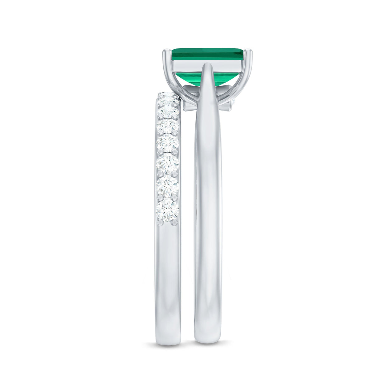 Lab Grown Emerald Ring – 1.6 Ct Emerald Cut Engagement Ring with Half Eternity Band
