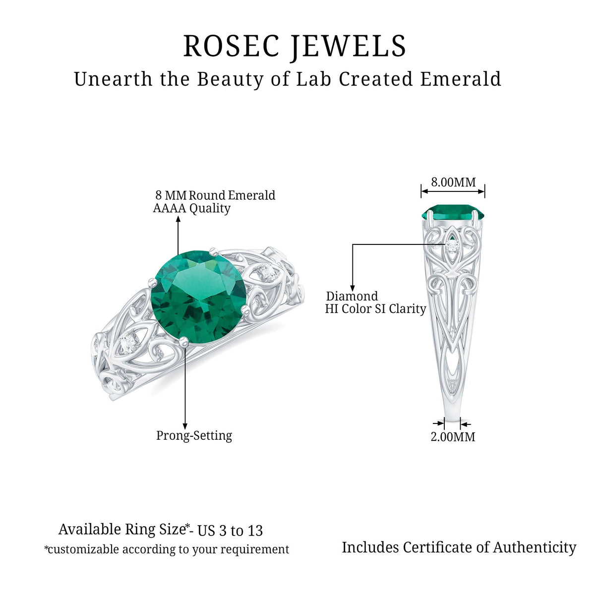 Lab Grown Emerald Ring – 2 Carat Antique Engagement With Prong Setting