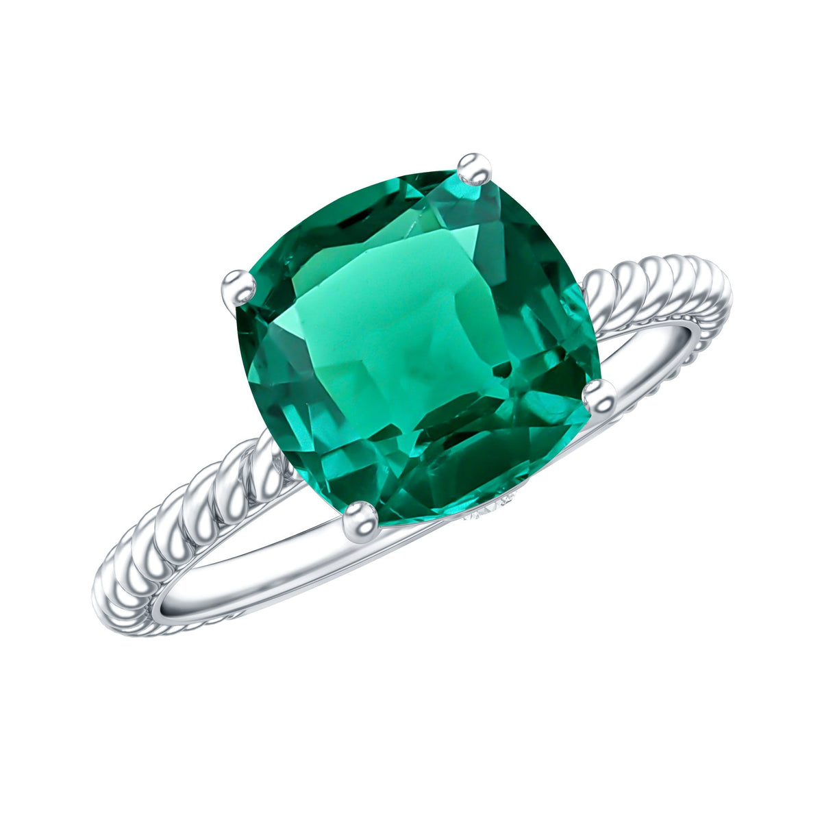 Lab Grown Emerald Ring – 2 Carat Cushion Cut Solitaire Engagement Ring with Diamond Accents