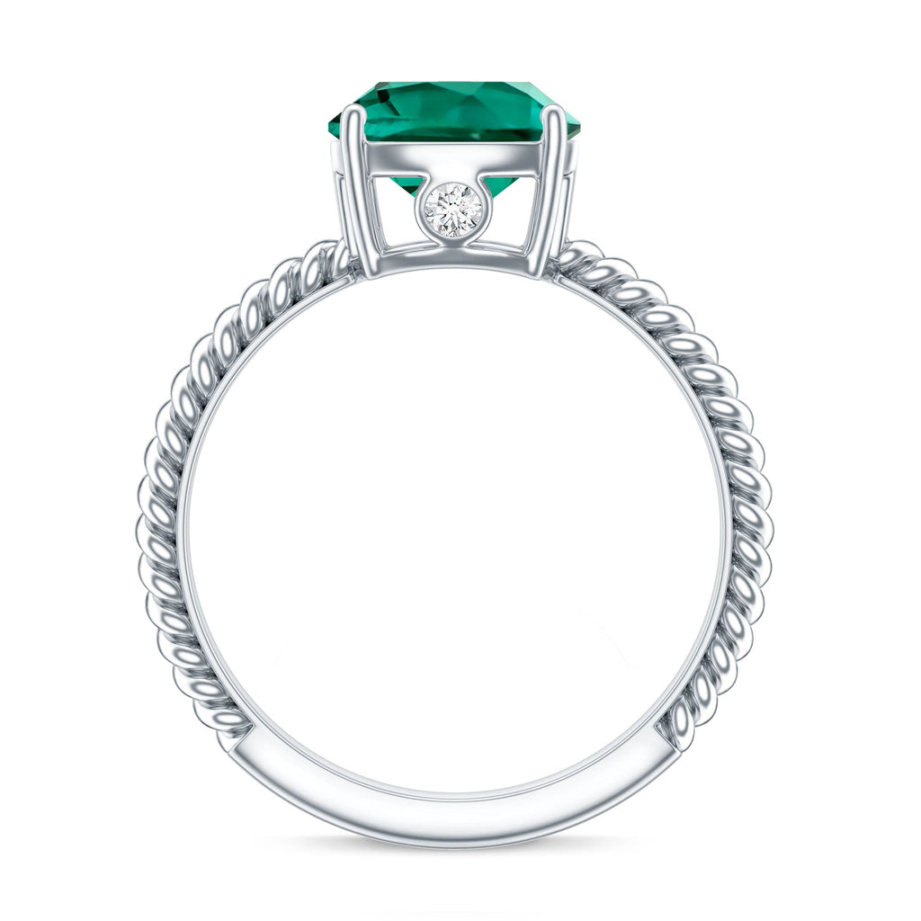Lab Grown Emerald Ring – 2 Carat Cushion Cut Solitaire Engagement Ring with Diamond Accents