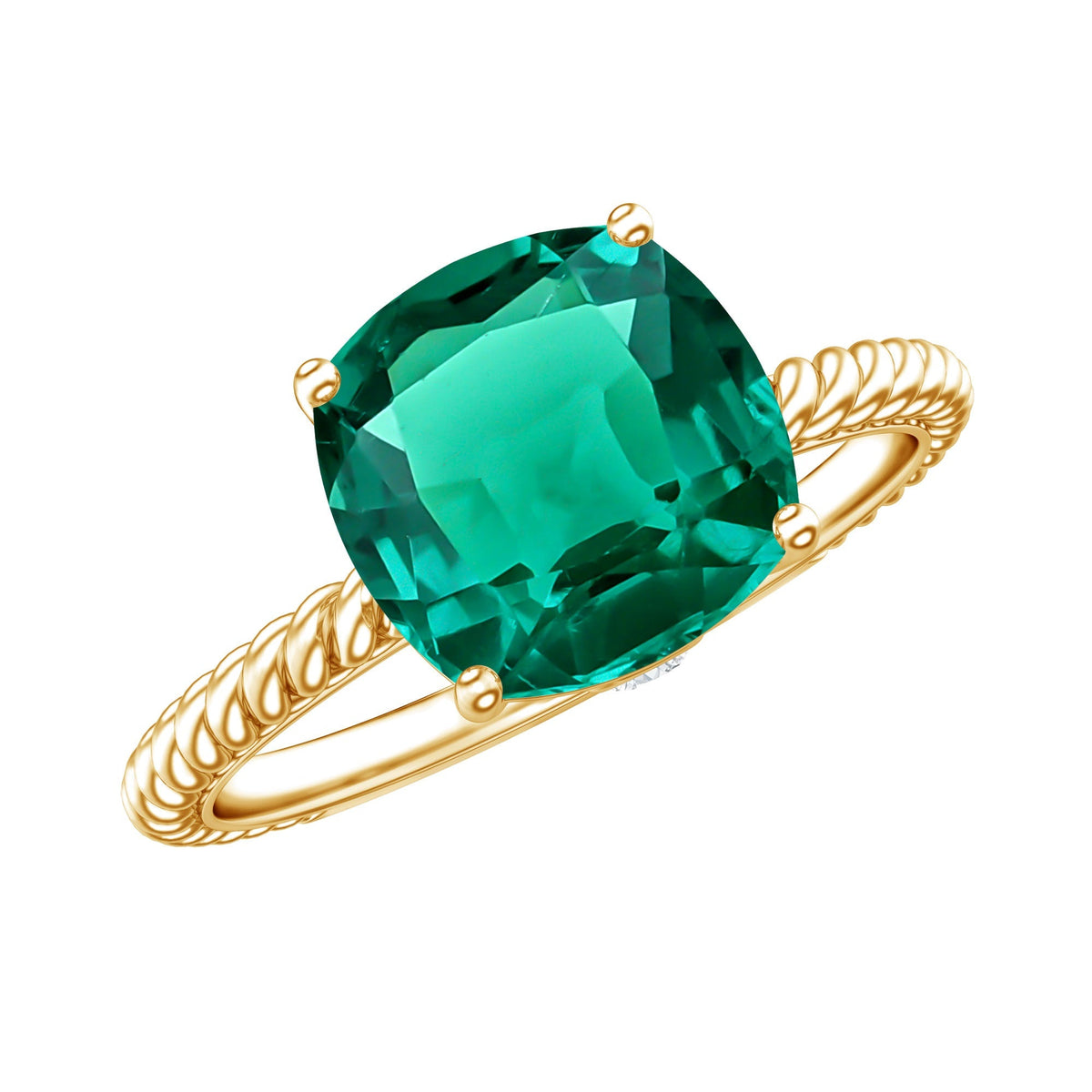 Lab Grown Emerald Ring – 2 Carat Cushion Cut Solitaire Engagement Ring with Diamond Accents
