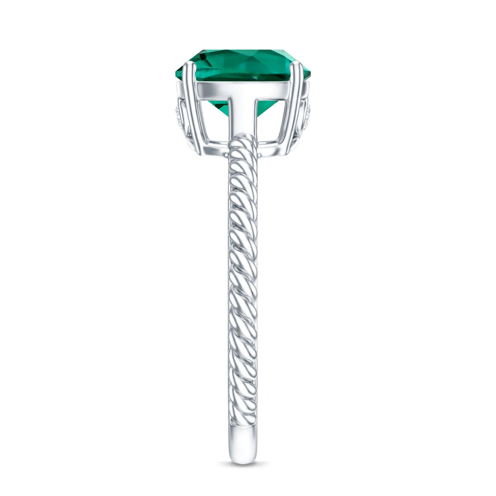 Lab Grown Emerald Ring – 2 Carat Cushion Cut Solitaire Engagement Ring with Diamond Accents