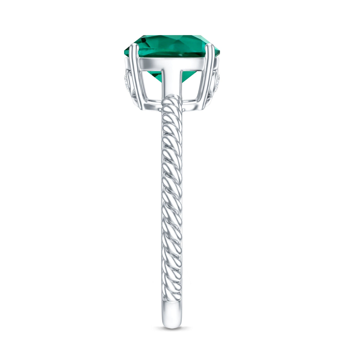 Lab Grown Emerald Ring – 2 Carat Cushion Cut Solitaire Engagement Ring with Diamond Accents