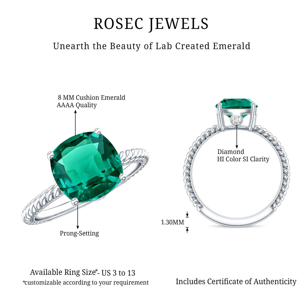 Lab Grown Emerald Ring – 2 Carat Cushion Cut Solitaire Engagement Ring with Diamond Accents