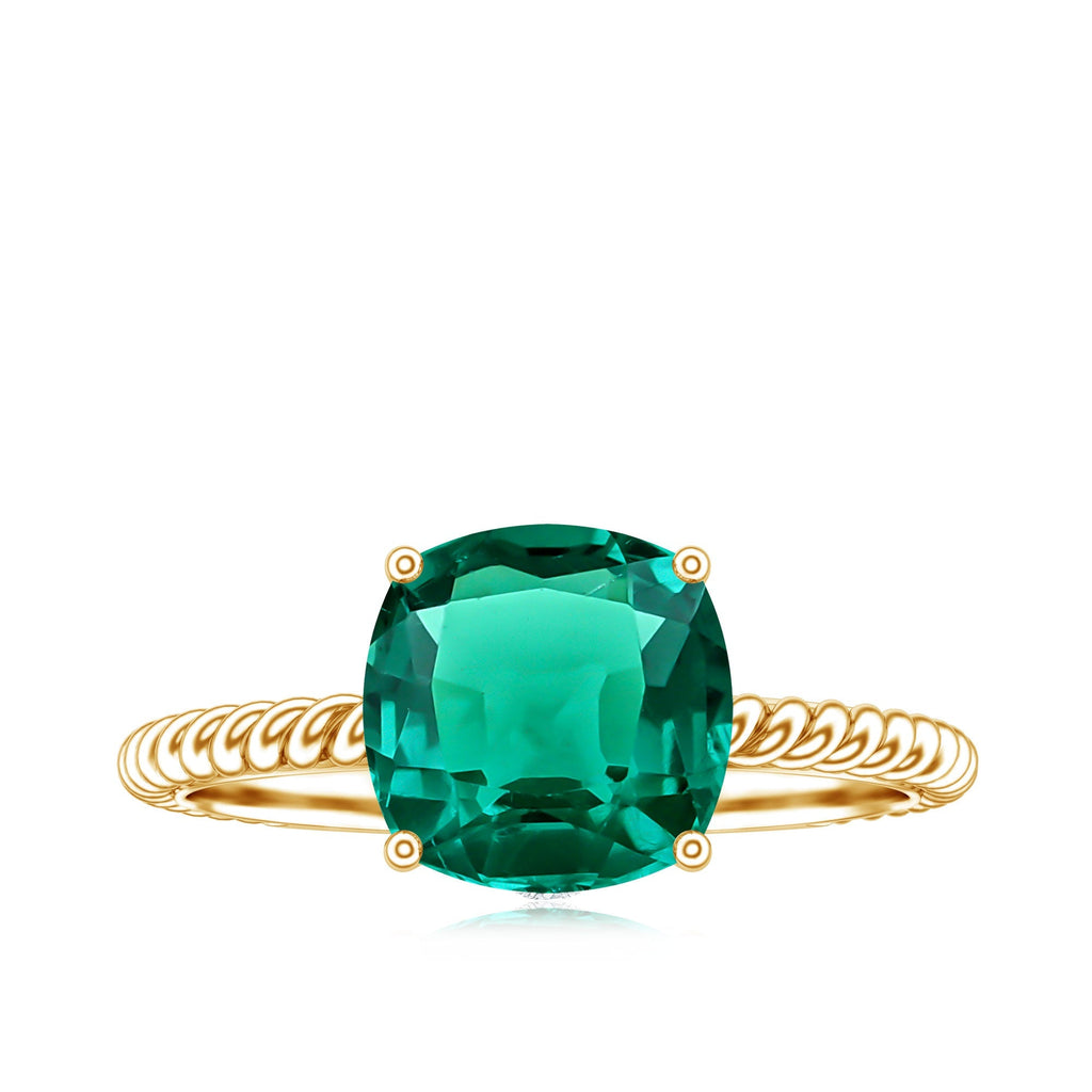 Lab Grown Emerald Ring – 2 Carat Cushion Cut Solitaire Engagement Ring with Diamond Accents