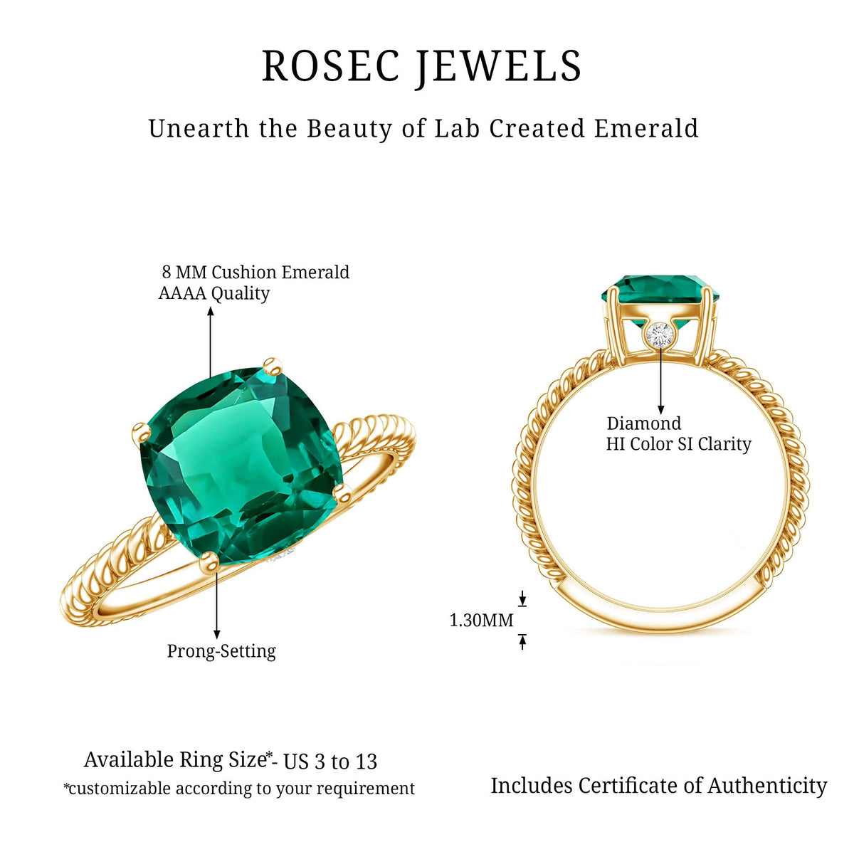Lab Grown Emerald Ring – 2 Carat Cushion Cut Solitaire Engagement Ring with Diamond Accents