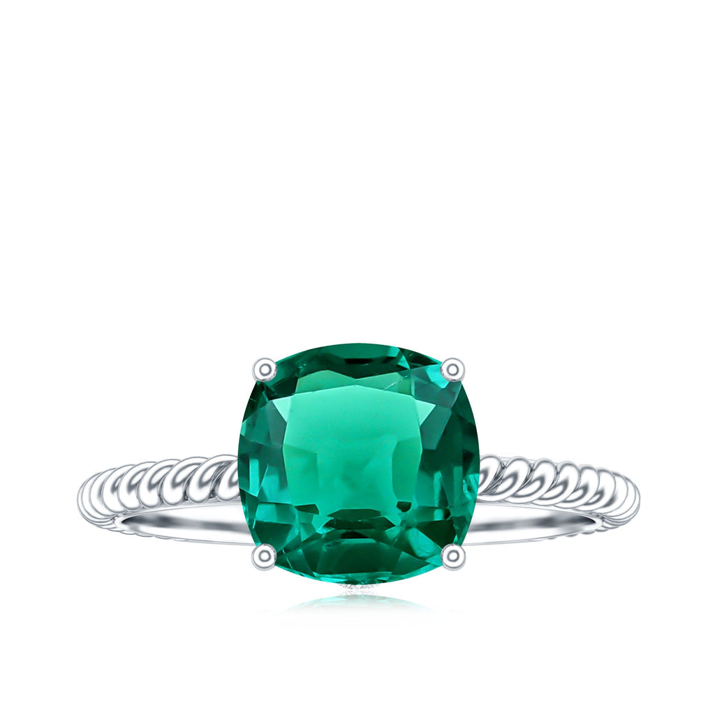 Lab Grown Emerald Ring – 2 Carat Cushion Cut Solitaire Engagement Ring with Diamond Accents