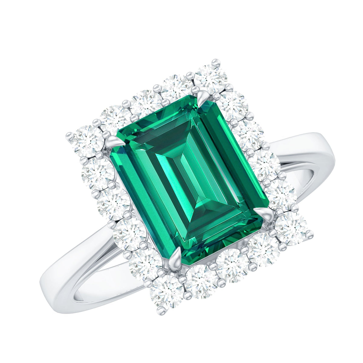 Lab Grown Emerald Ring – 2 Carat Emerald Cut Diamond Halo Vintage Engagement