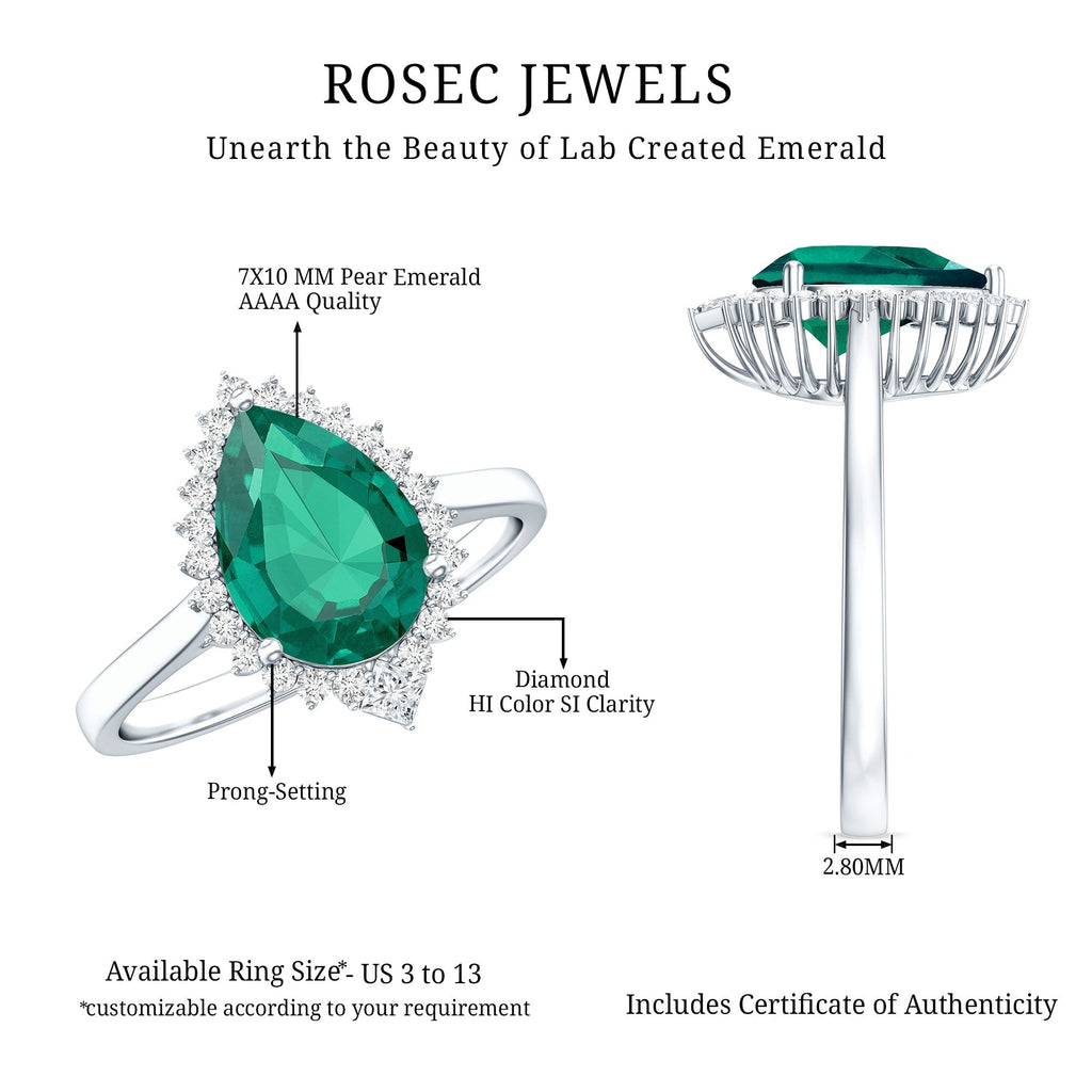 Lab Grown Emerald Ring - 2 Carat Pear Shape Emerald with Diamond Halo Setting