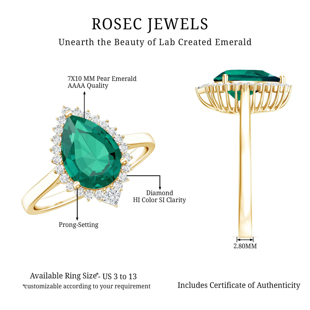 Lab Grown Emerald Ring - 2 Carat Pear Shape Emerald with Diamond Halo Setting