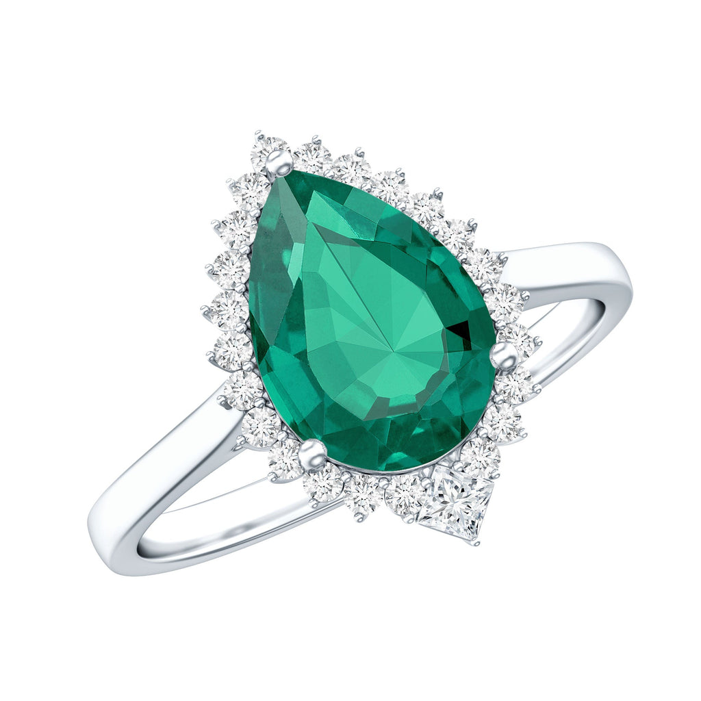 Lab Grown Emerald Ring - 2 Carat Pear Shape Emerald with Diamond Halo Setting