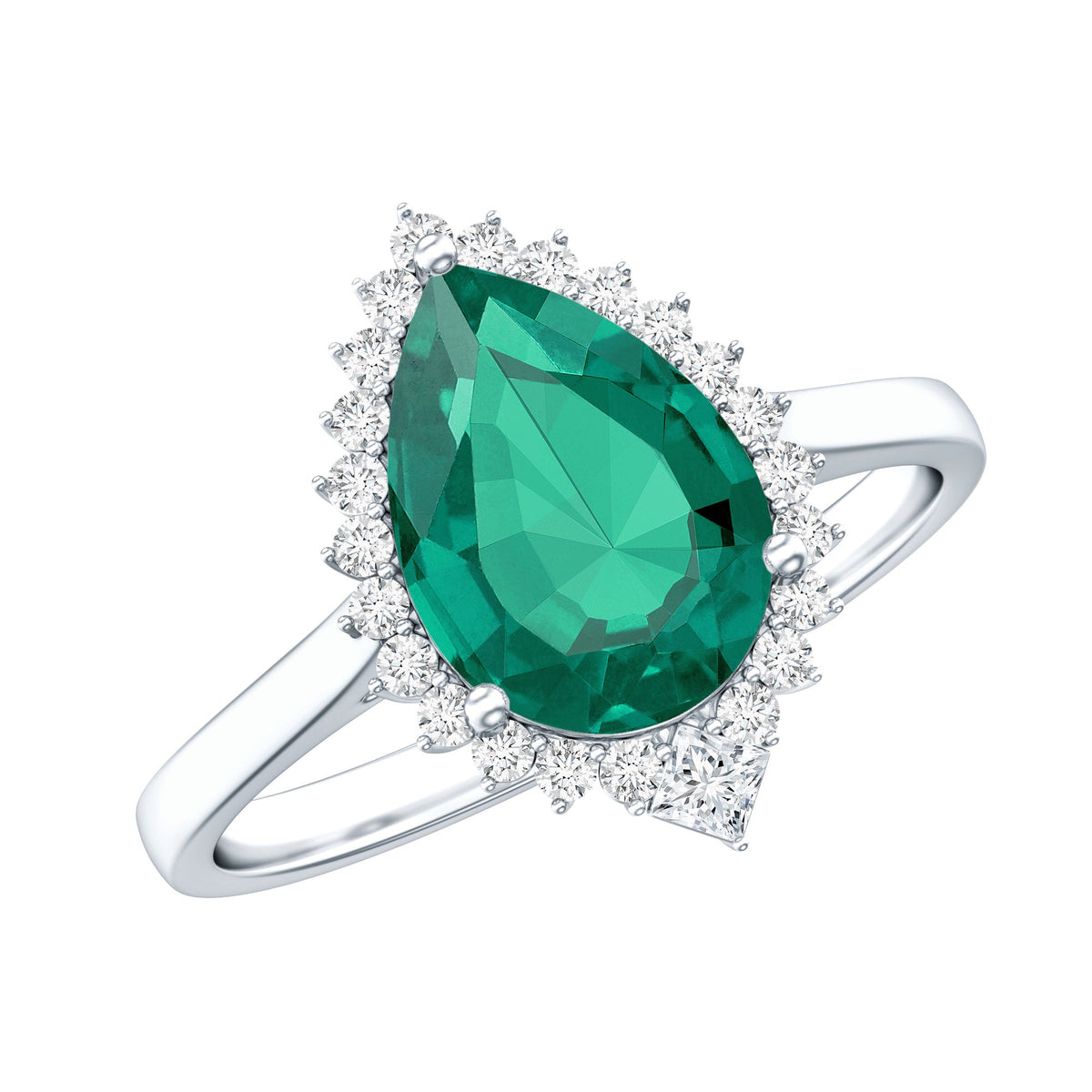 Lab Grown Emerald Ring - 2 Carat Pear Shape Emerald with Diamond Halo Setting