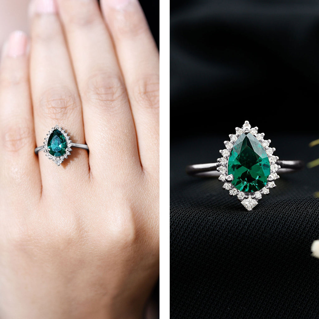 Lab Grown Emerald Ring - 2 Carat Pear Shape Emerald with Diamond Halo Setting
