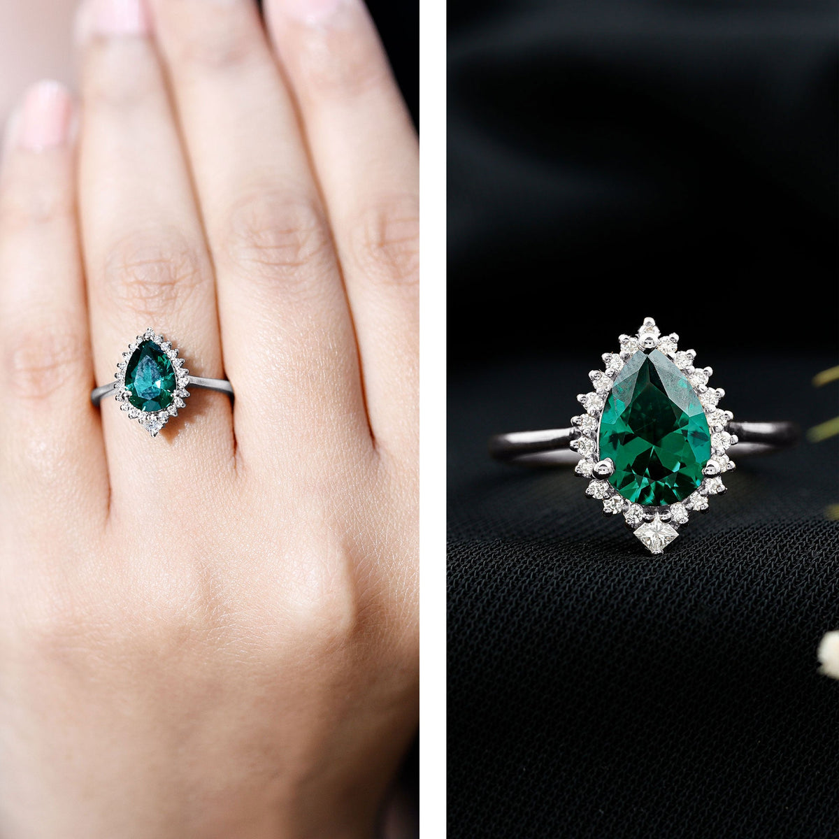 Lab Grown Emerald Ring - 2 Carat Pear Shape Emerald with Diamond Halo Setting