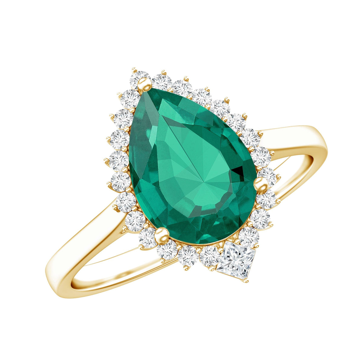 Lab Grown Emerald Ring - 2 Carat Pear Shape Emerald with Diamond Halo Setting