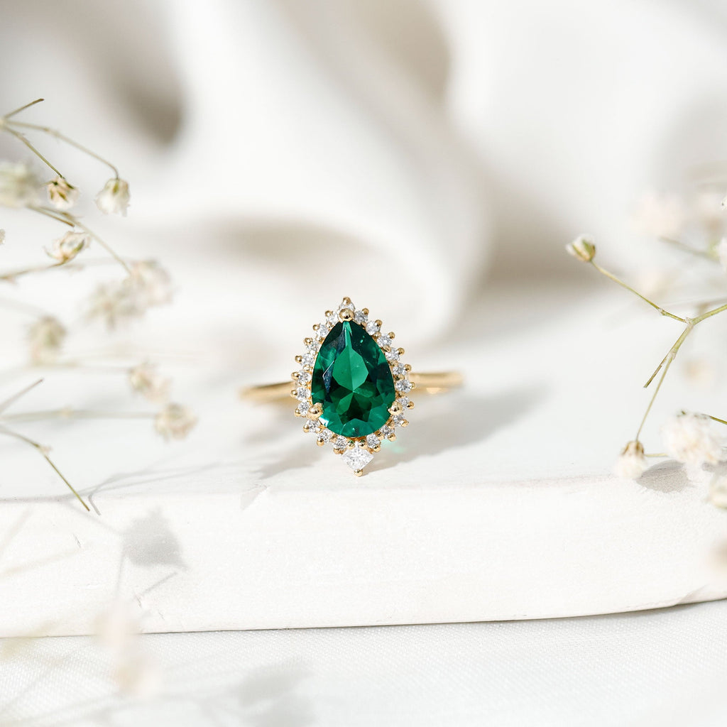 Lab Grown Emerald Ring - 2 Carat Pear Shape Emerald with Diamond Halo Setting