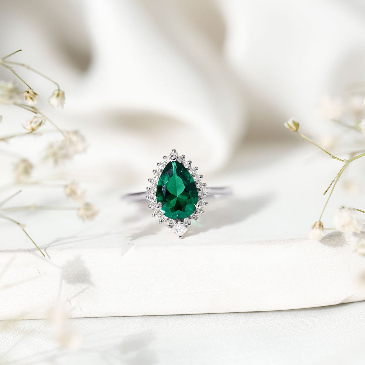 Lab Grown Emerald Ring - 2 Carat Pear Shape Emerald with Diamond Halo Setting