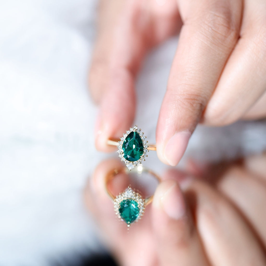 Lab Grown Emerald Ring - 2 Carat Pear Shape Emerald with Diamond Halo Setting