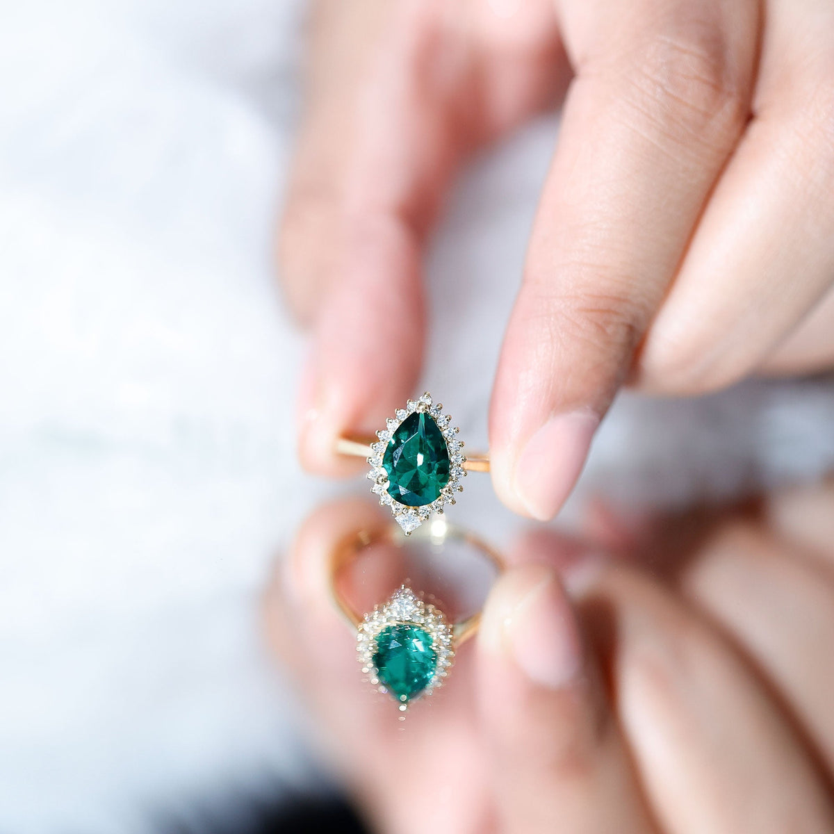 Lab Grown Emerald Ring - 2 Carat Pear Shape Emerald with Diamond Halo Setting