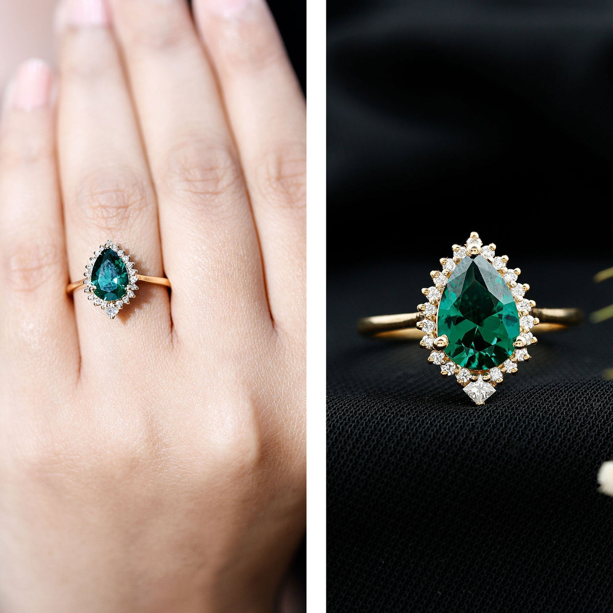 Lab Grown Emerald Ring - 2 Carat Pear Shape Emerald with Diamond Halo Setting