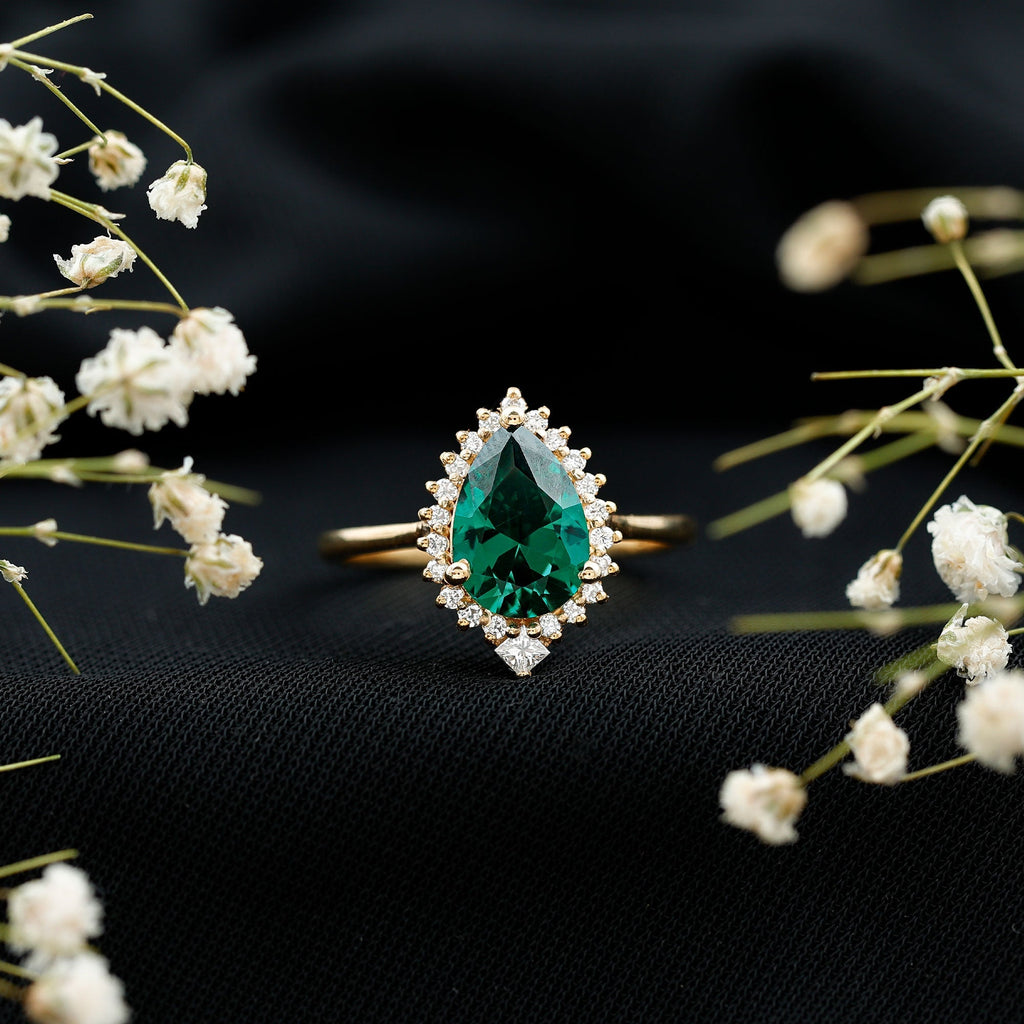 Lab Grown Emerald Ring - 2 Carat Pear Shape Emerald with Diamond Halo Setting