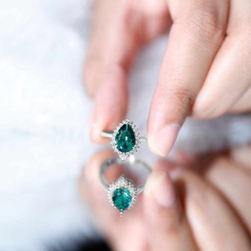 Lab Grown Emerald Ring - 2 Carat Pear Shape Emerald with Diamond Halo Setting