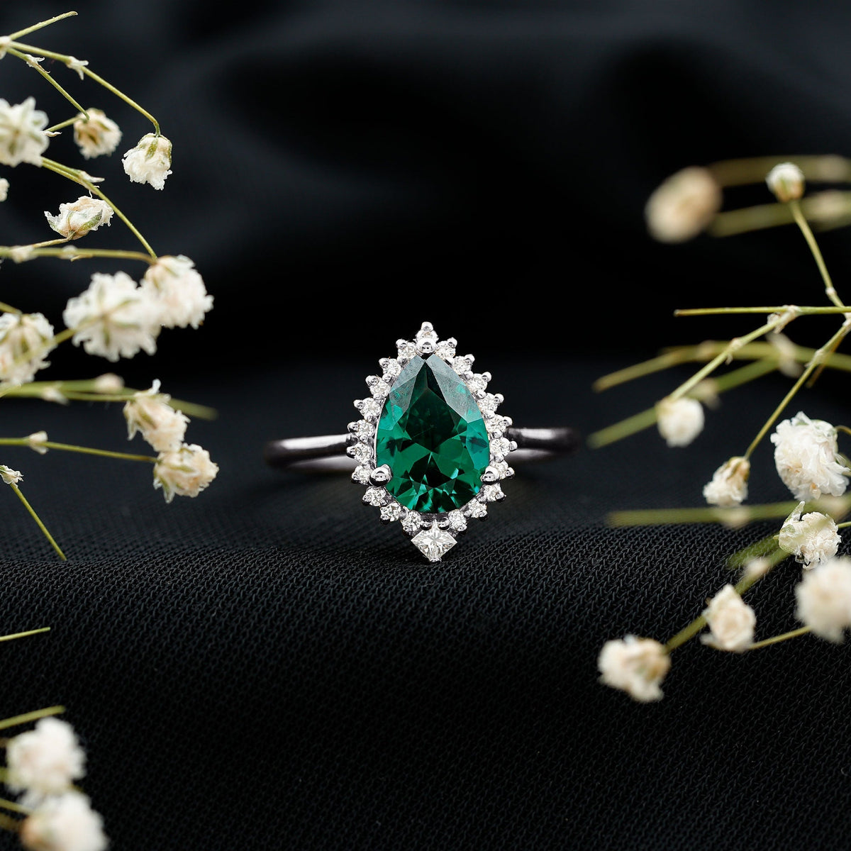 Lab Grown Emerald Ring - 2 Carat Pear Shape Emerald with Diamond Halo Setting