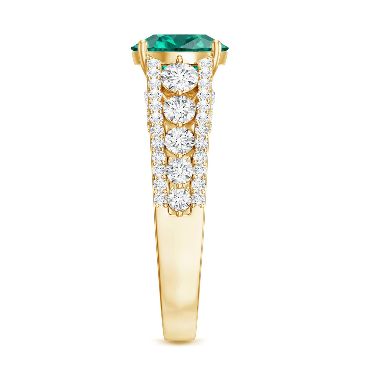 Lab Grown Emerald Ring – 2 Carat Round Cut Solitaire Engagement with Moissanite Side Stones