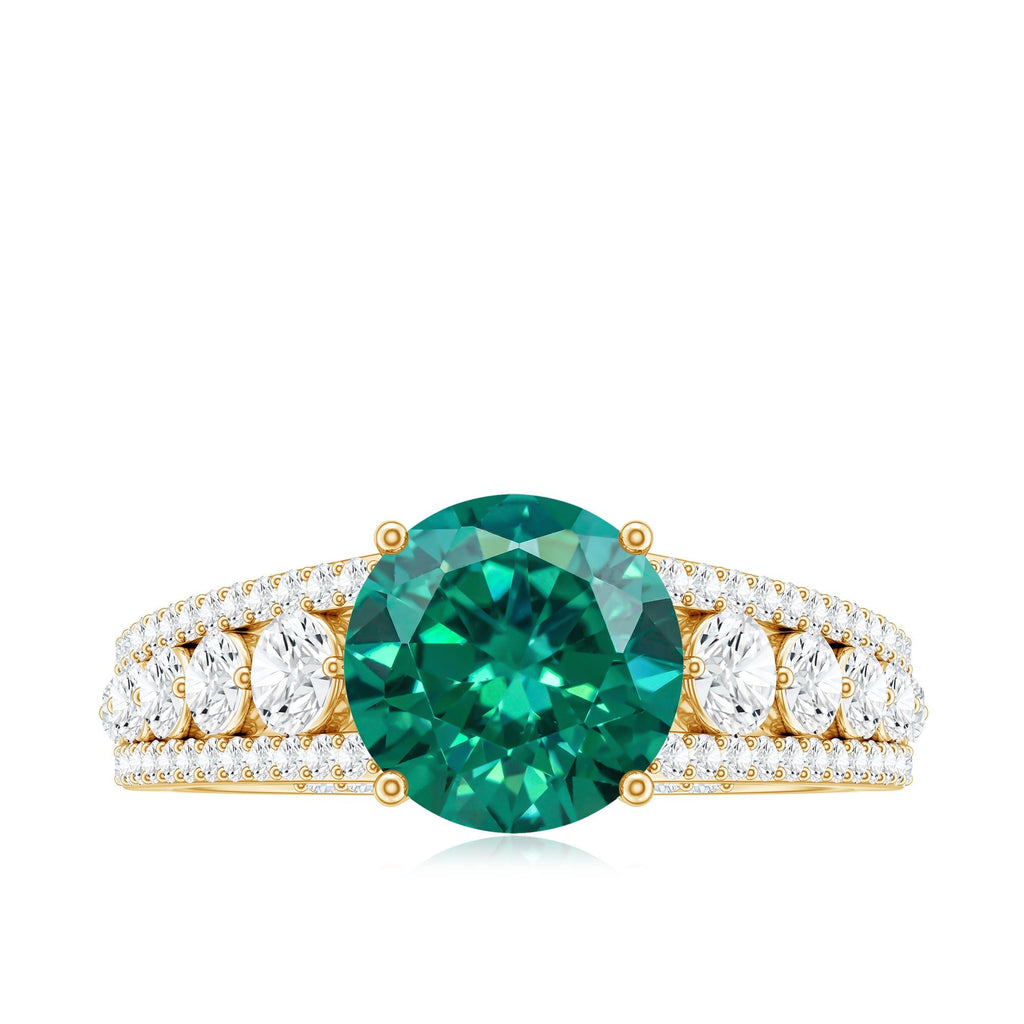 Lab Grown Emerald Ring – 2 Carat Round Cut Solitaire Engagement with Moissanite Side Stones