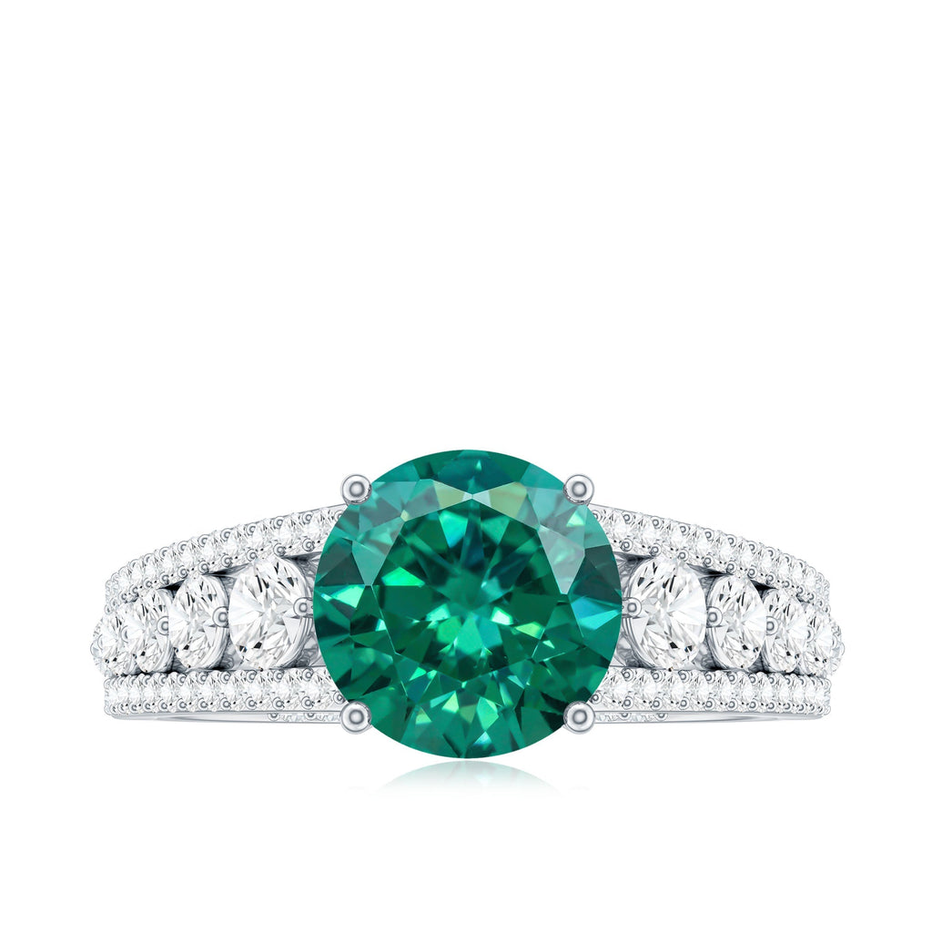 Lab Grown Emerald Ring – 2 Carat Round Cut Solitaire Engagement with Moissanite Side Stones
