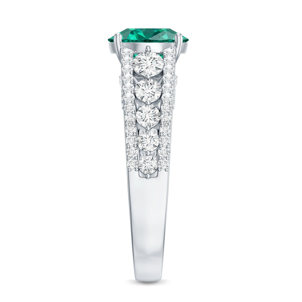 Lab Grown Emerald Ring – 2 Carat Round Cut Solitaire Engagement with Moissanite Side Stones