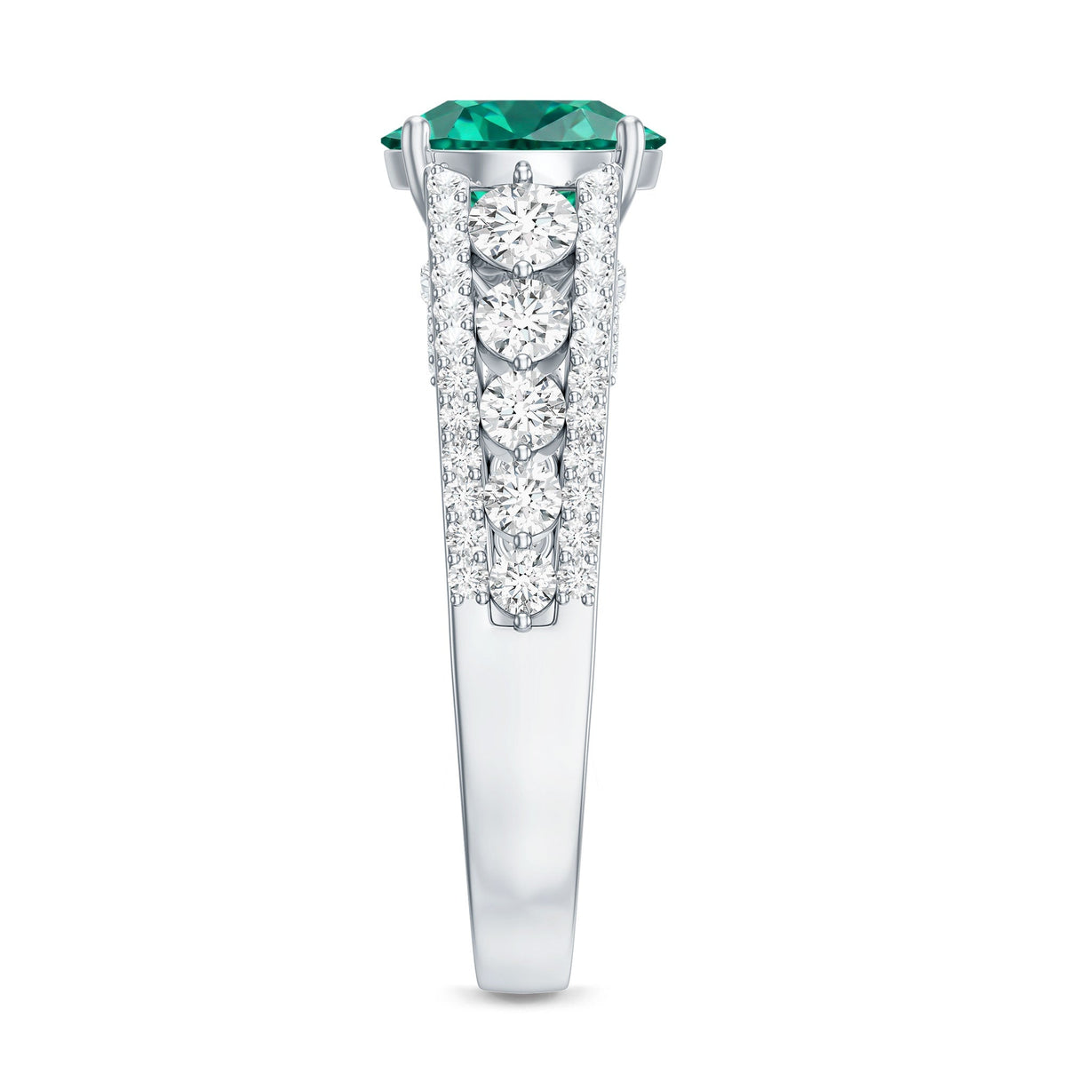Lab Grown Emerald Ring – 2 Carat Round Cut Solitaire Engagement with Moissanite Side Stones