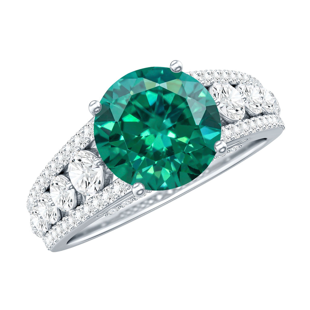 Lab Grown Emerald Ring – 2 Carat Round Cut Solitaire Engagement with Moissanite Side Stones