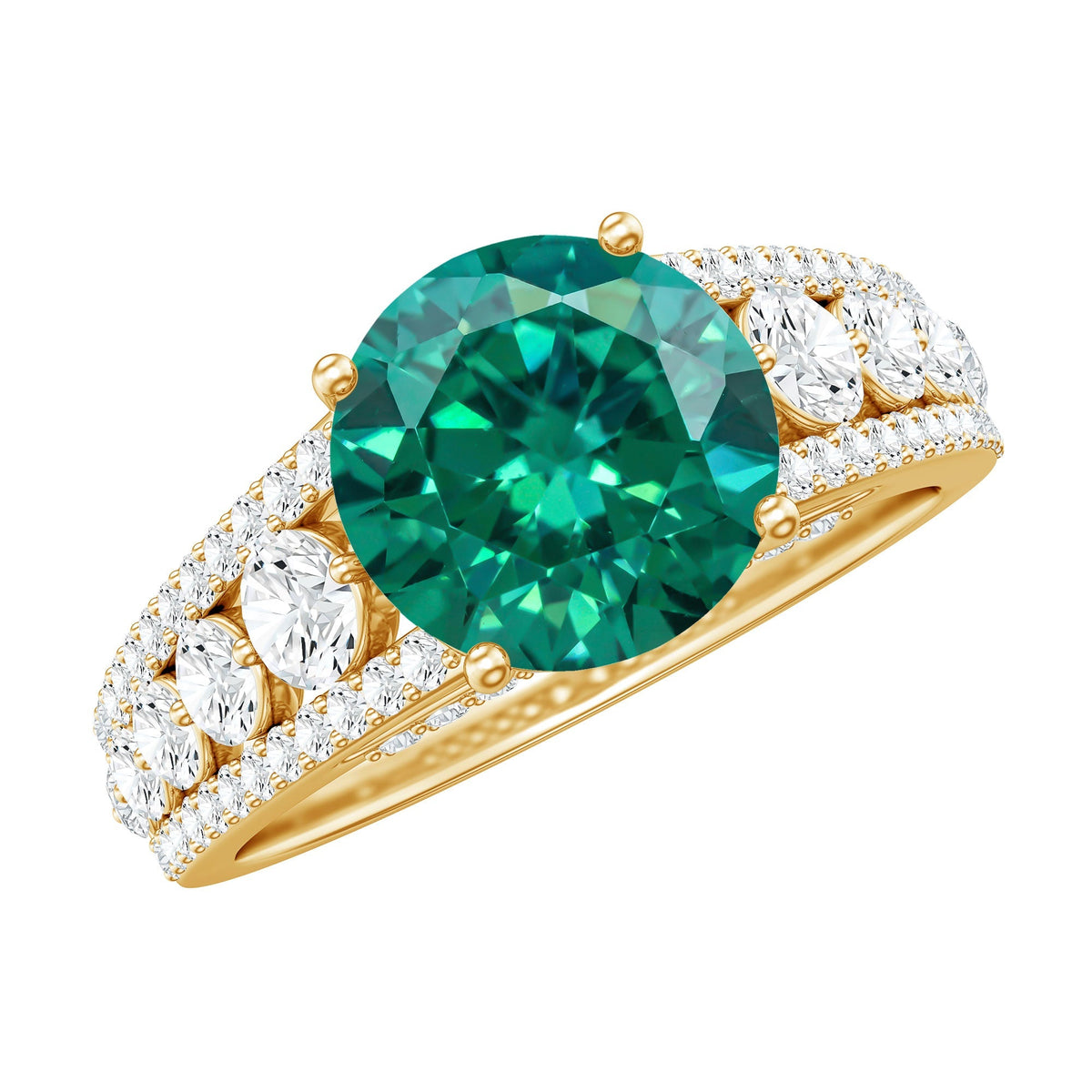 Lab Grown Emerald Ring – 2 Carat Round Cut Solitaire Engagement with Moissanite Side Stones