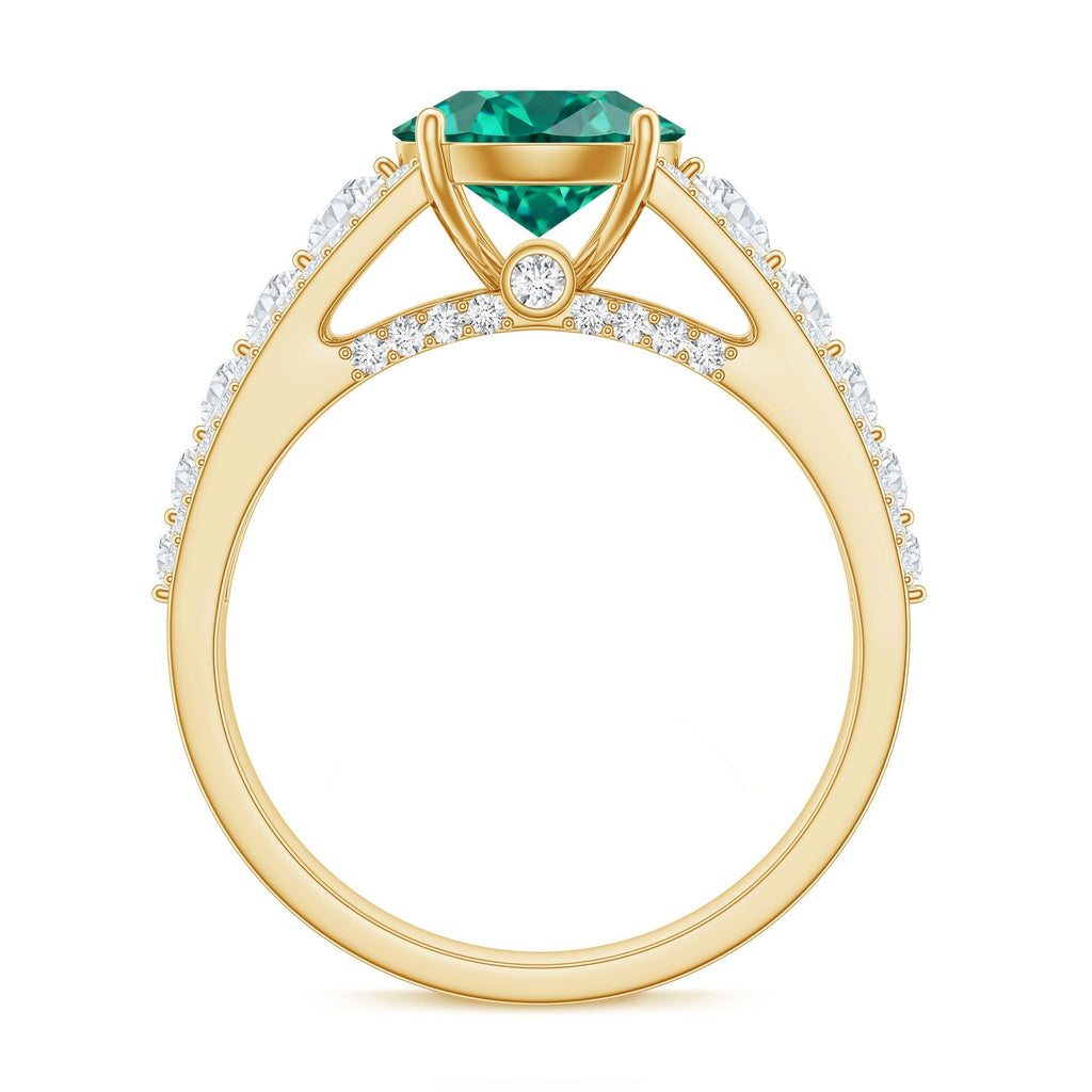 Lab Grown Emerald Ring – 2 Carat Round Cut Solitaire Engagement with Moissanite Side Stones