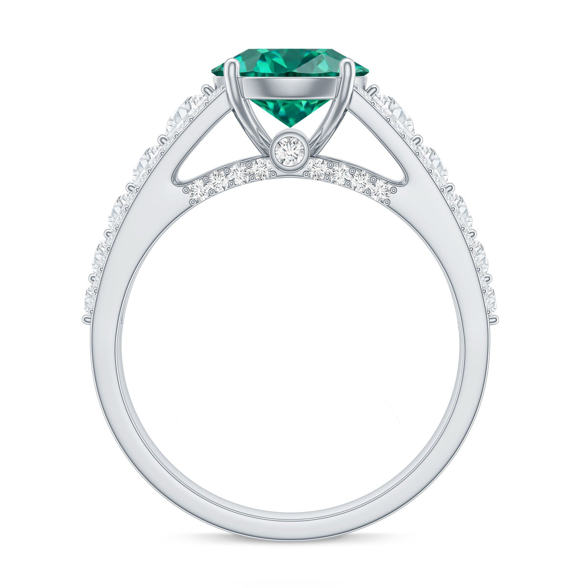 Lab Grown Emerald Ring – 2 Carat Round Cut Solitaire Engagement with Moissanite Side Stones