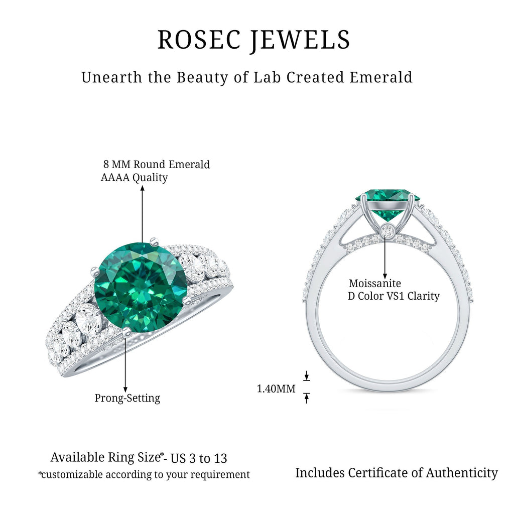 Lab Grown Emerald Ring – 2 Carat Round Cut Solitaire Engagement with Moissanite Side Stones