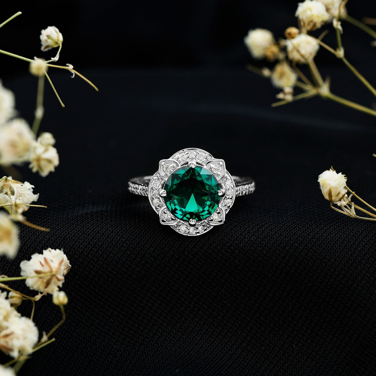 Lab Grown Emerald Ring – 2 Carat Vintage Inspired Engagement Ring with Diamond Halo