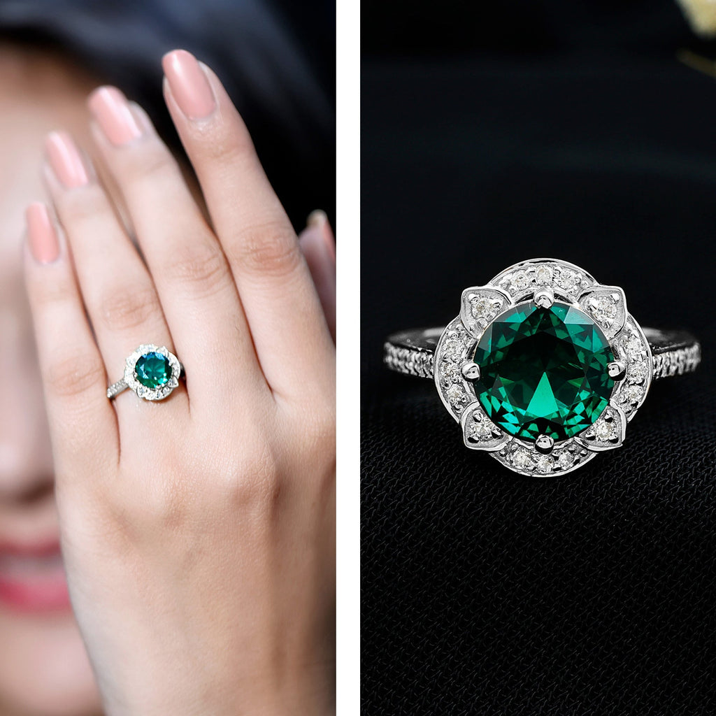 Lab Grown Emerald Ring – 2 Carat Vintage Inspired Engagement Ring with Diamond Halo