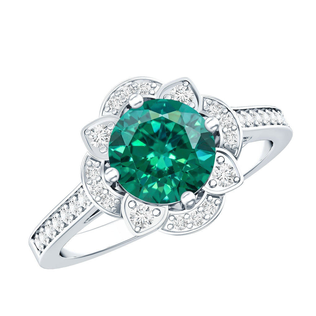 Lab Grown Emerald Ring – 2 Carat Vintage Inspired Engagement Ring with Diamond Halo