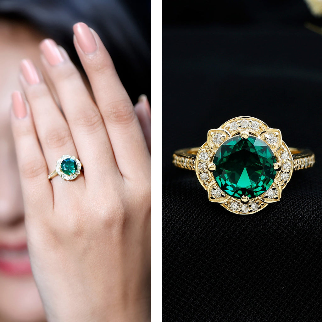 Lab Grown Emerald Ring – 2 Carat Vintage Inspired Engagement Ring with Diamond Halo