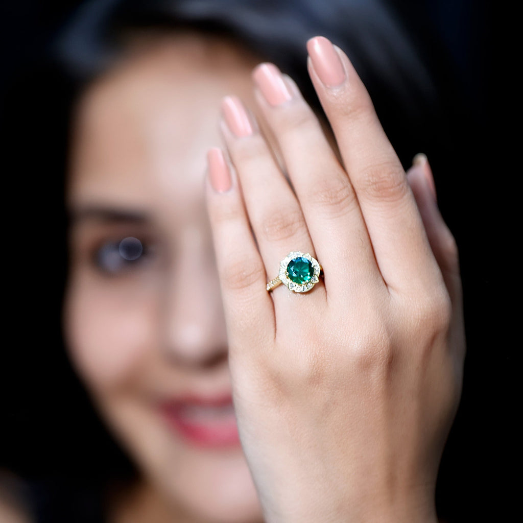 Lab Grown Emerald Ring – 2 Carat Vintage Inspired Engagement Ring with Diamond Halo