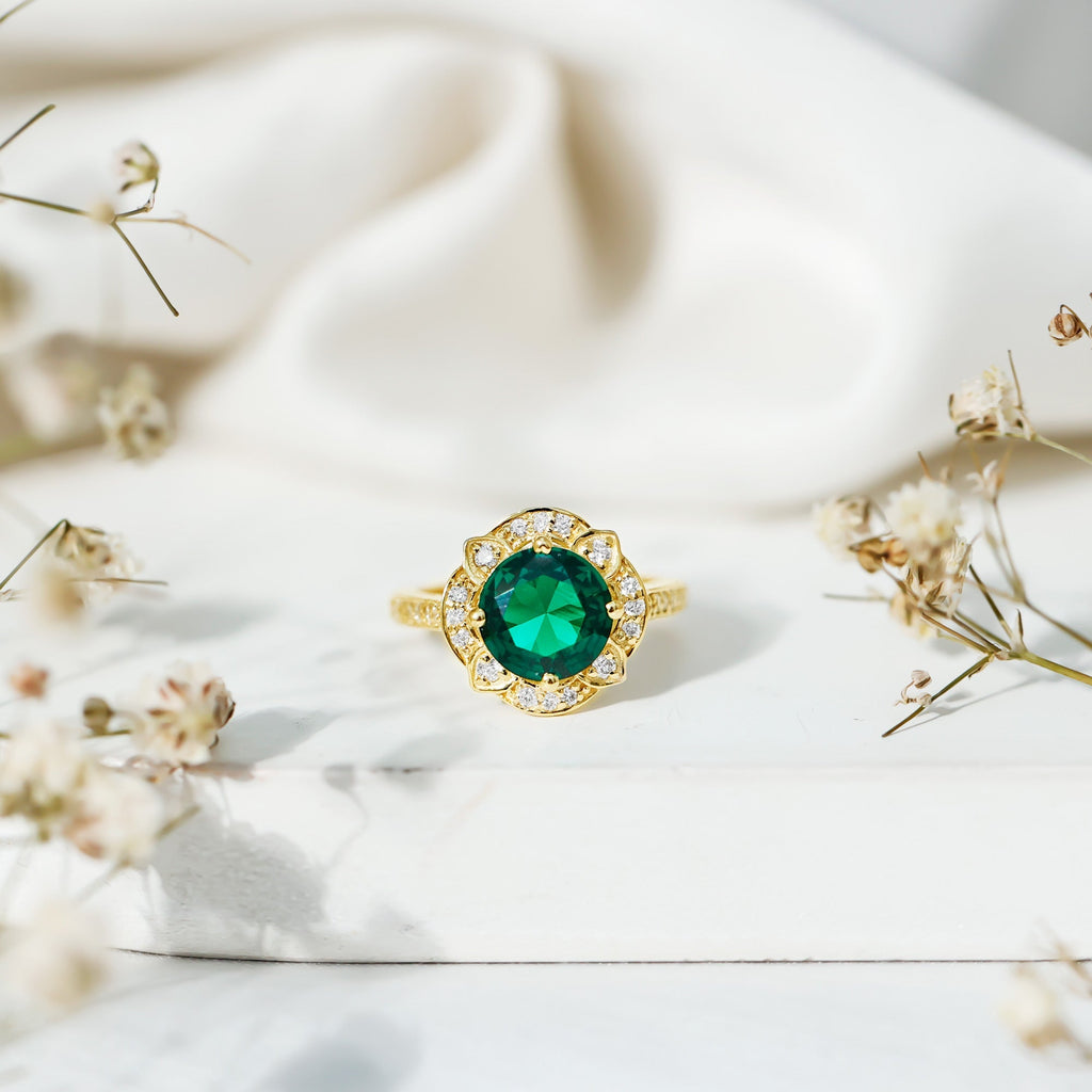 Lab Grown Emerald Ring – 2 Carat Vintage Inspired Engagement Ring with Diamond Halo