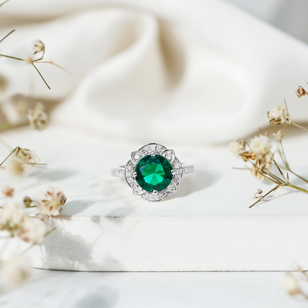 Lab Grown Emerald Ring – 2 Carat Vintage Inspired Engagement Ring with Diamond Halo