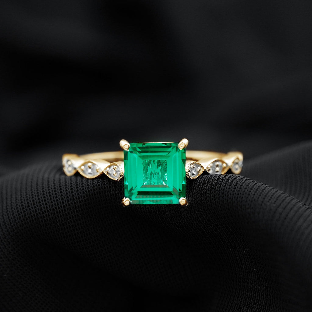 Lab Grown Emerald Ring – 2.4 Carat Princess Cut Solitaire Engagement Ring With Basket Setting