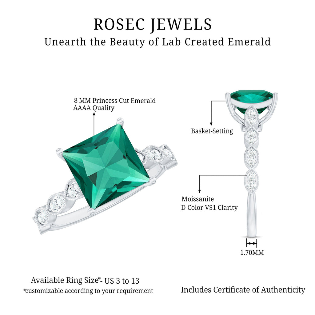 Lab Grown Emerald Ring – 2.4 Carat Princess Cut Solitaire Engagement Ring With Basket Setting