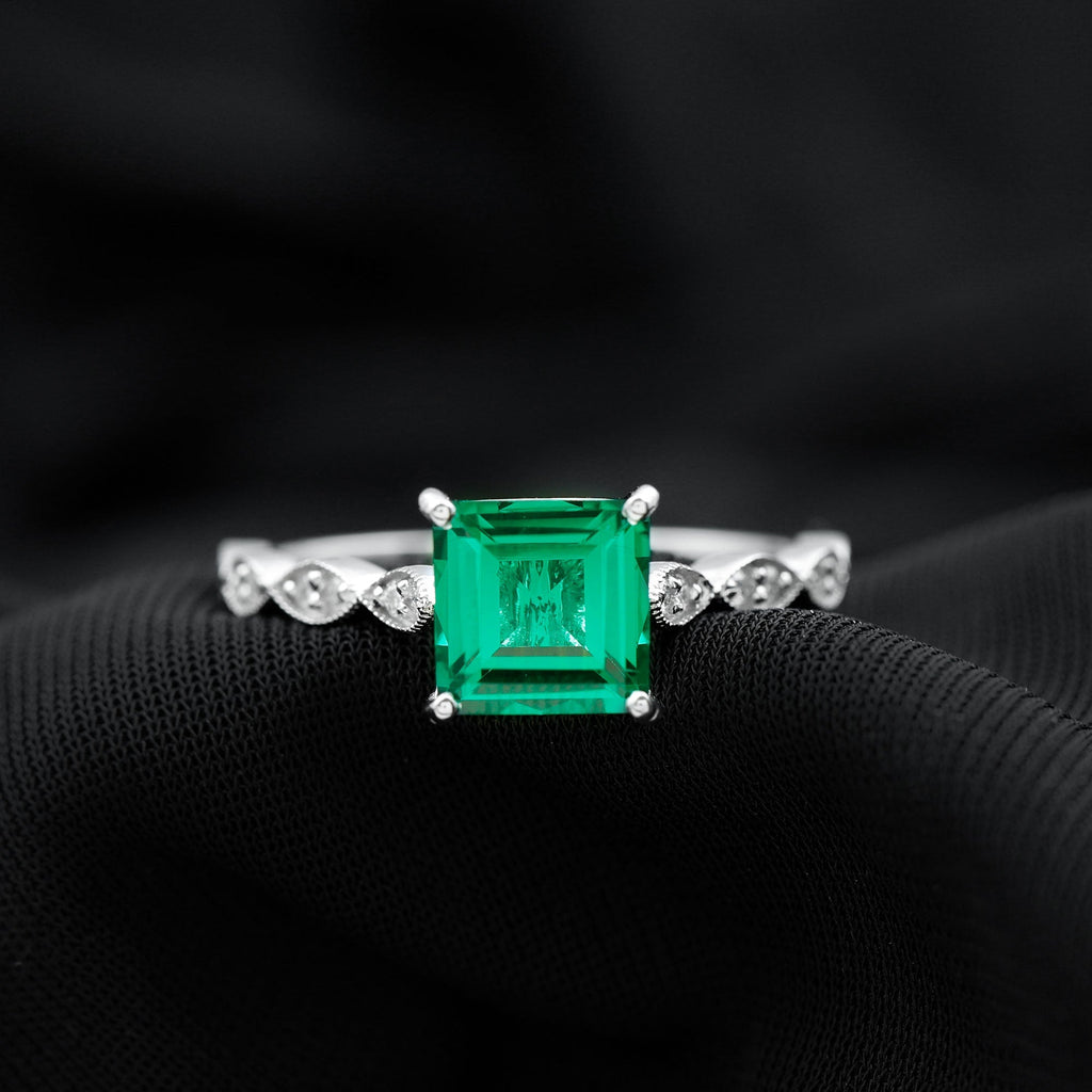 Lab Grown Emerald Ring – 2.4 Carat Princess Cut Solitaire Engagement Ring With Basket Setting