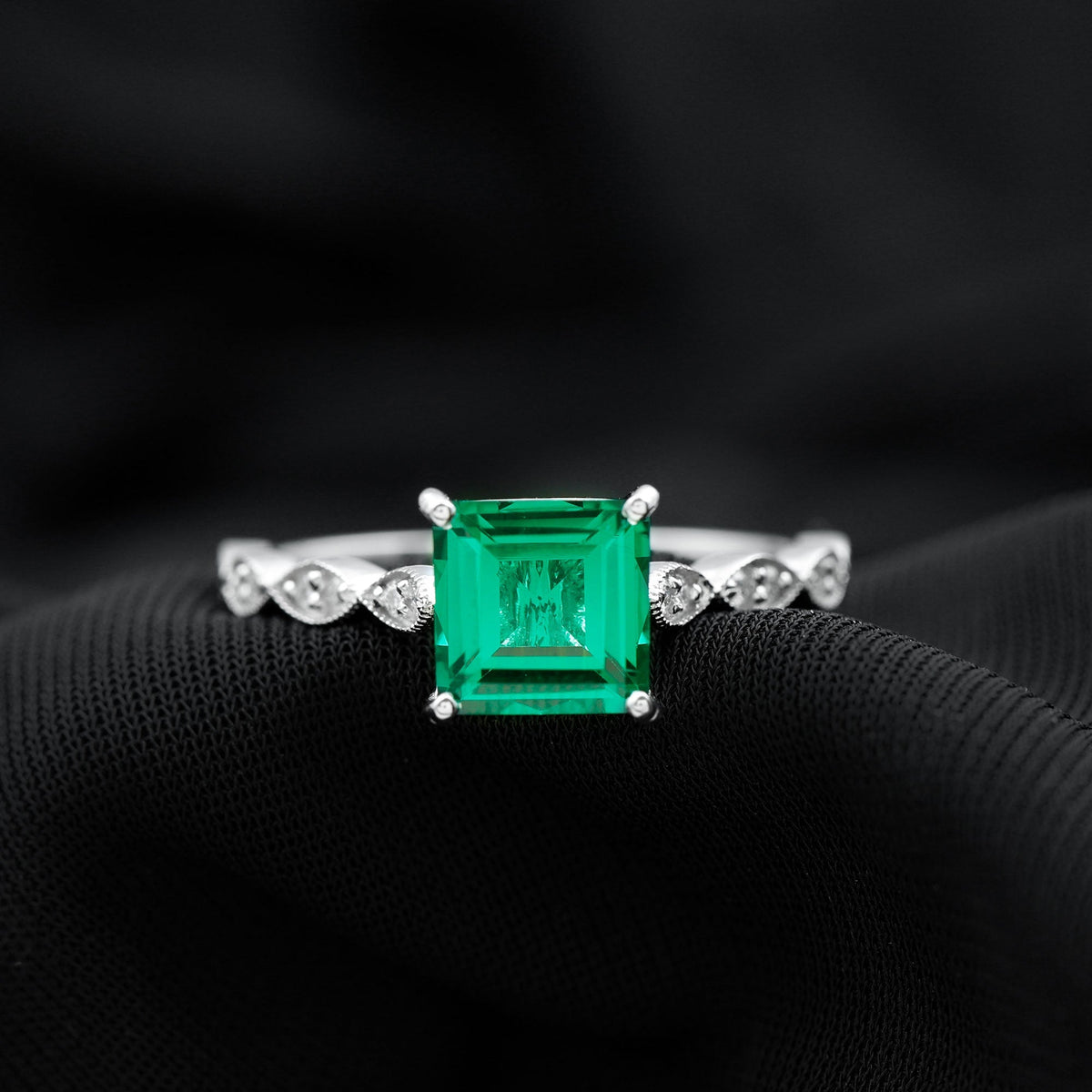 Lab Grown Emerald Ring – 2.4 Carat Princess Cut Solitaire Engagement Ring With Basket Setting