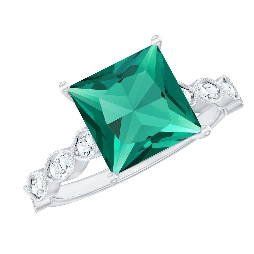 Lab Grown Emerald Ring – 2.4 Carat Princess Cut Solitaire Engagement Ring With Basket Setting