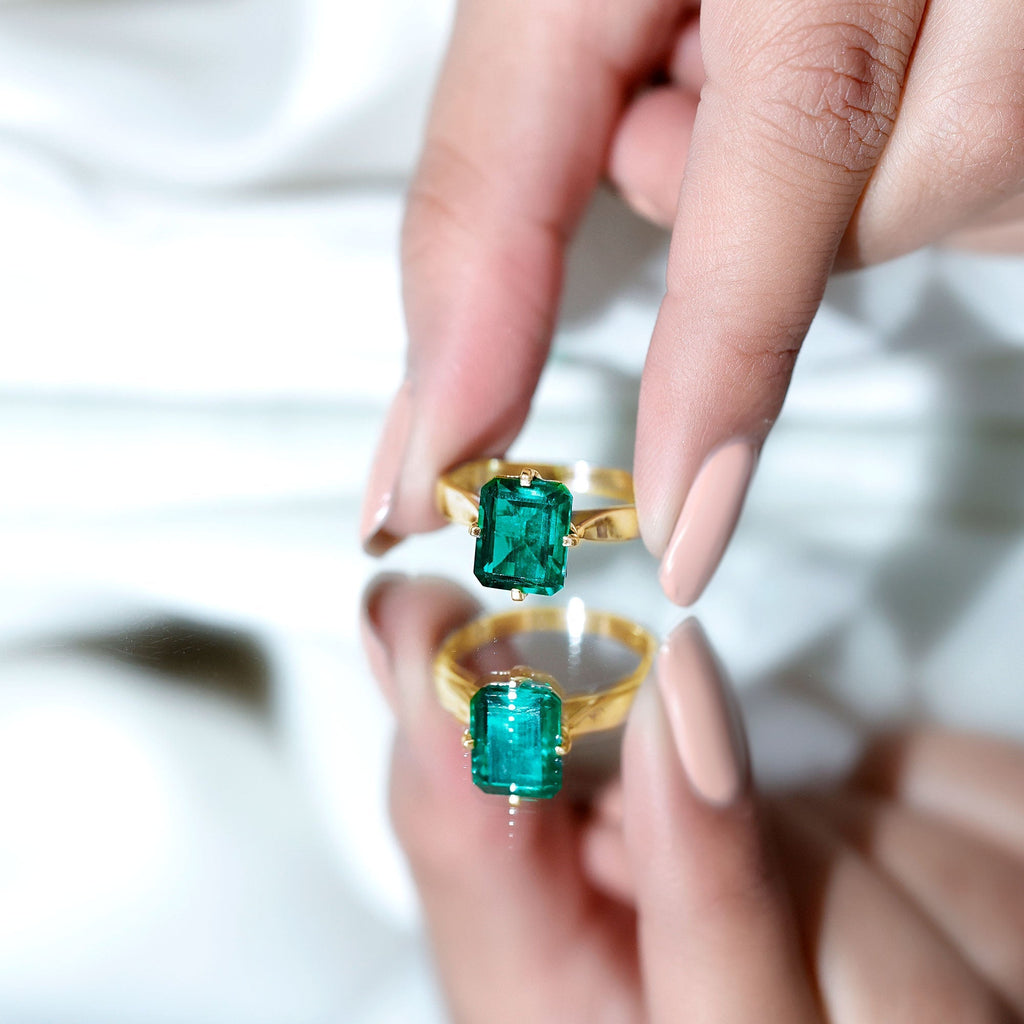 Lab Grown Emerald Ring - 3 Carat Octagon Cut Solitaire Engagement Band With 4 Prong Setting